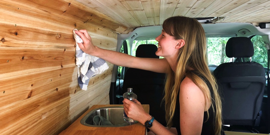 Staining cedar wall panels in camper van